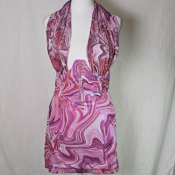 Bardot Retro Tie Dye Mesh Halter Neck Corset Dress SZ L - Picture 3 of 16